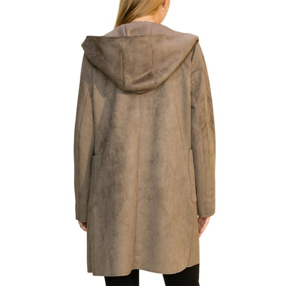 HYFVE WOMENS MUSHROOM/BEIGE LONG SLEEVE FAUX SUEDE JACKET W/HOOD W/POCKETS - - Picture 2 of 10